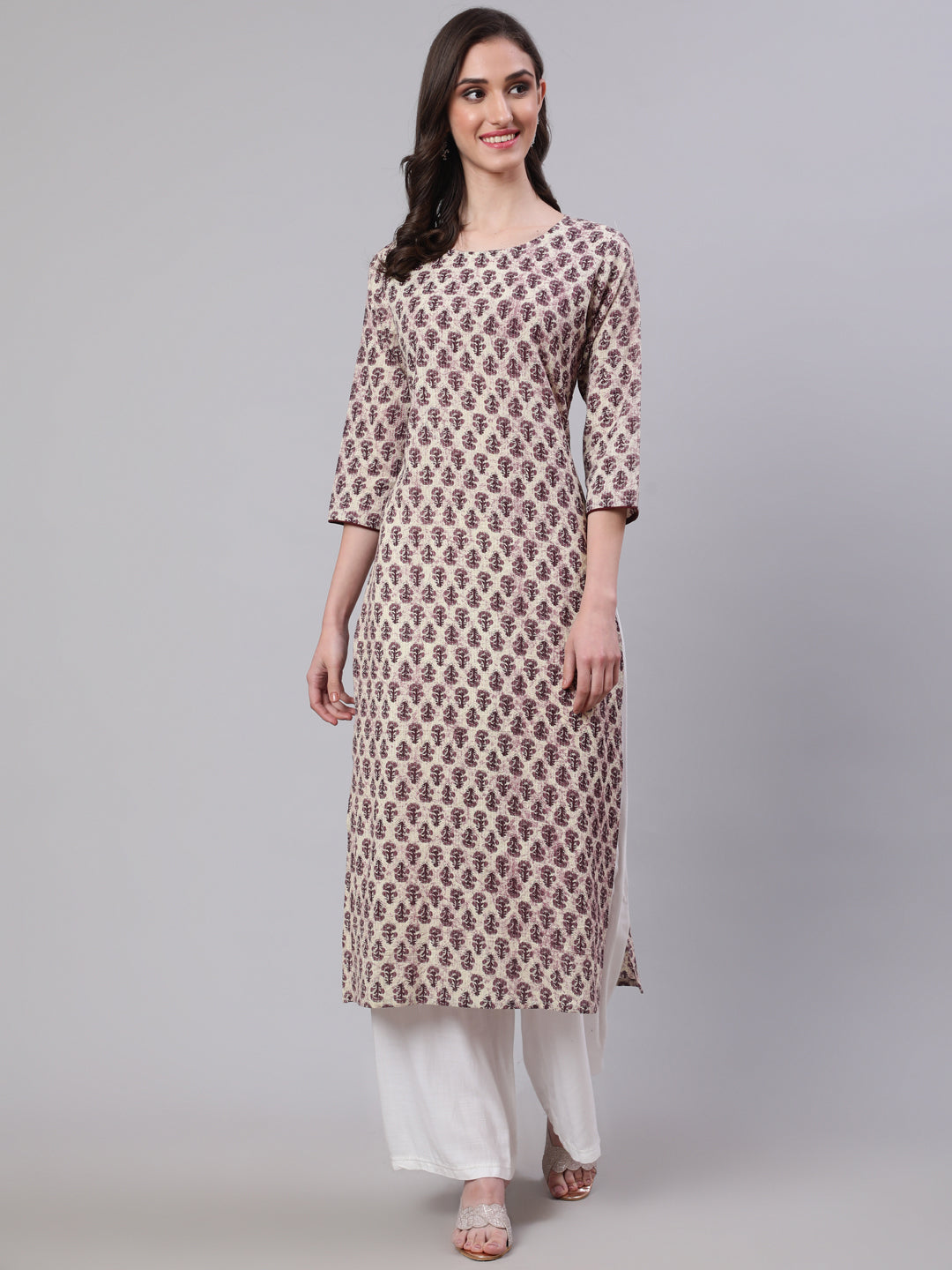 Women Beige Ethnic Printed Straight Kurta With Three Quarter Sleeves | LASVINI - Redefining Indian Fashion with Elegance