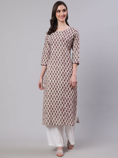 Women Beige Ethnic Printed Straight Kurta With Three Quarter Sleeves | LASVINI - Redefining Indian Fashion with Elegance
