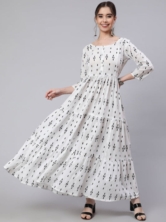 Women Off White Ikat Printed Flared Dress With Three Quarter Sleeves | LASVINI - Redefining Indian Fashion with Elegance