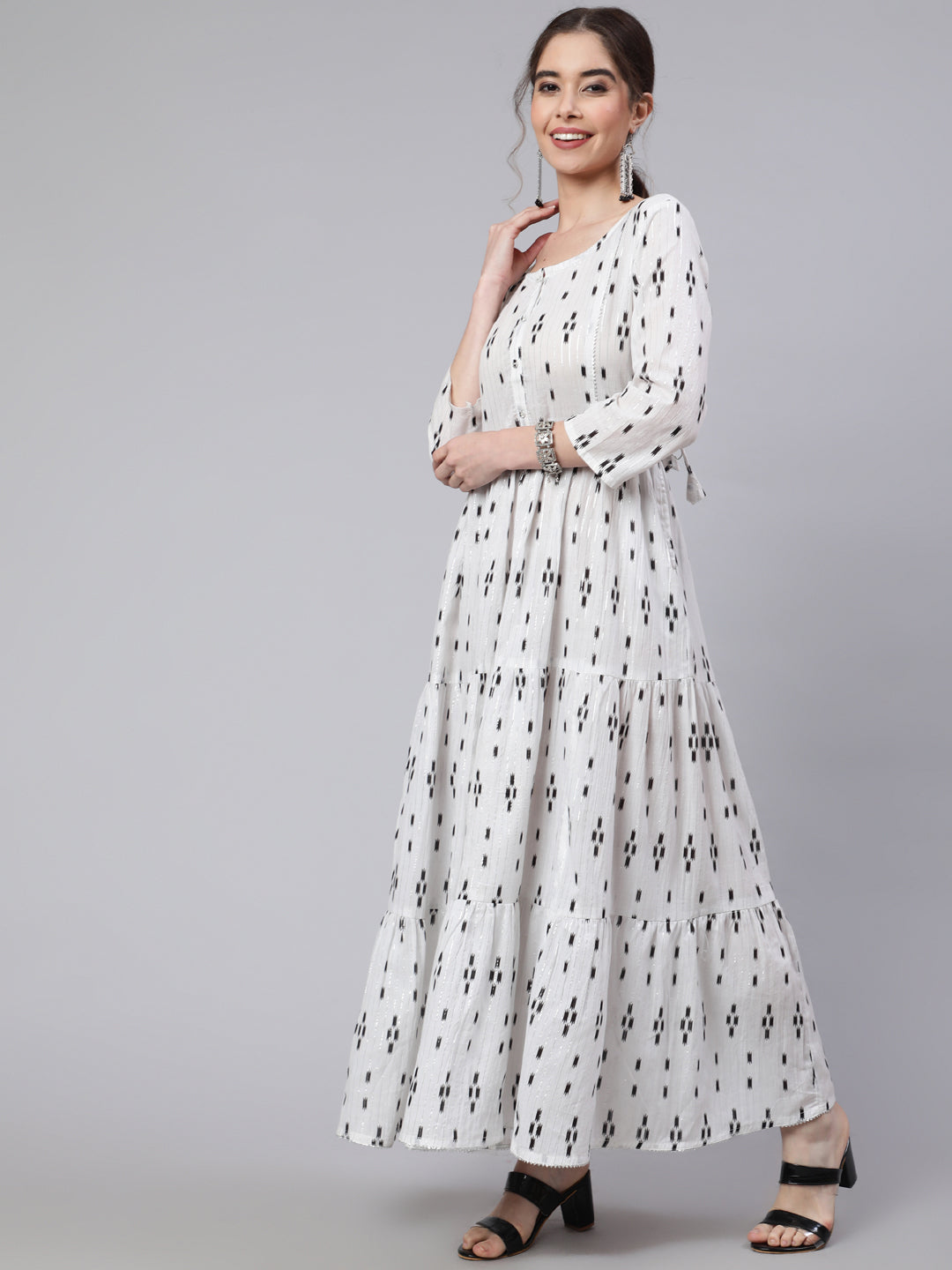 Women Off White Ikat Printed Flared Dress With Three Quarter Sleeves | LASVINI - Redefining Indian Fashion with Elegance