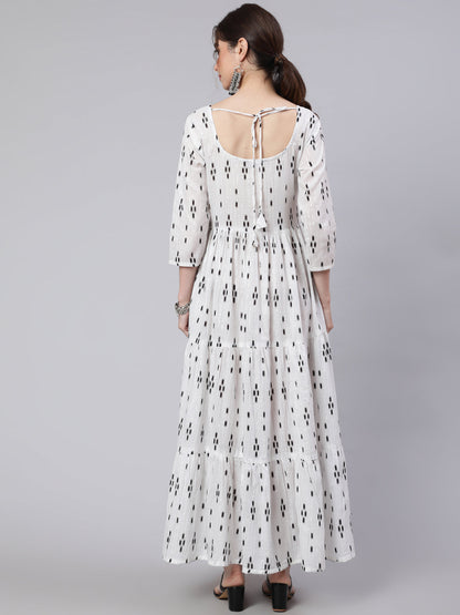 Women Off White Ikat Printed Flared Dress With Three Quarter Sleeves | LASVINI - Redefining Indian Fashion with Elegance