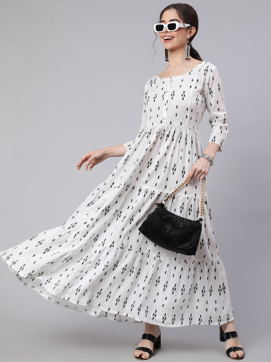 Women Off White Ikat Printed Flared Dress With Three Quarter Sleeves | LASVINI - Redefining Indian Fashion with Elegance