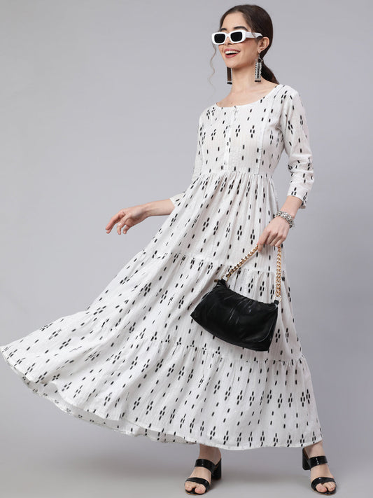 Women Off White Ikat Printed Flared Dress With Three Quarter Sleeves | LASVINI - Redefining Indian Fashion with Elegance
