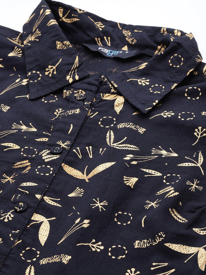 Women Navy Blue Printed Flared Sleeveless Dress | LASVINI - Redefining Indian Fashion with Elegance