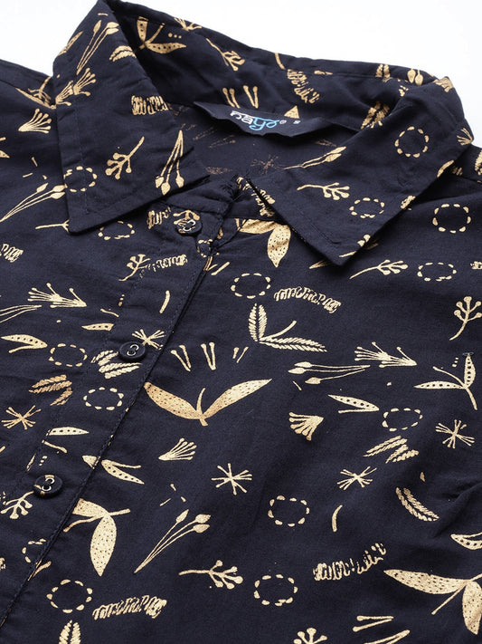 Women Navy Blue Printed Flared Sleeveless Dress | LASVINI - Redefining Indian Fashion with Elegance