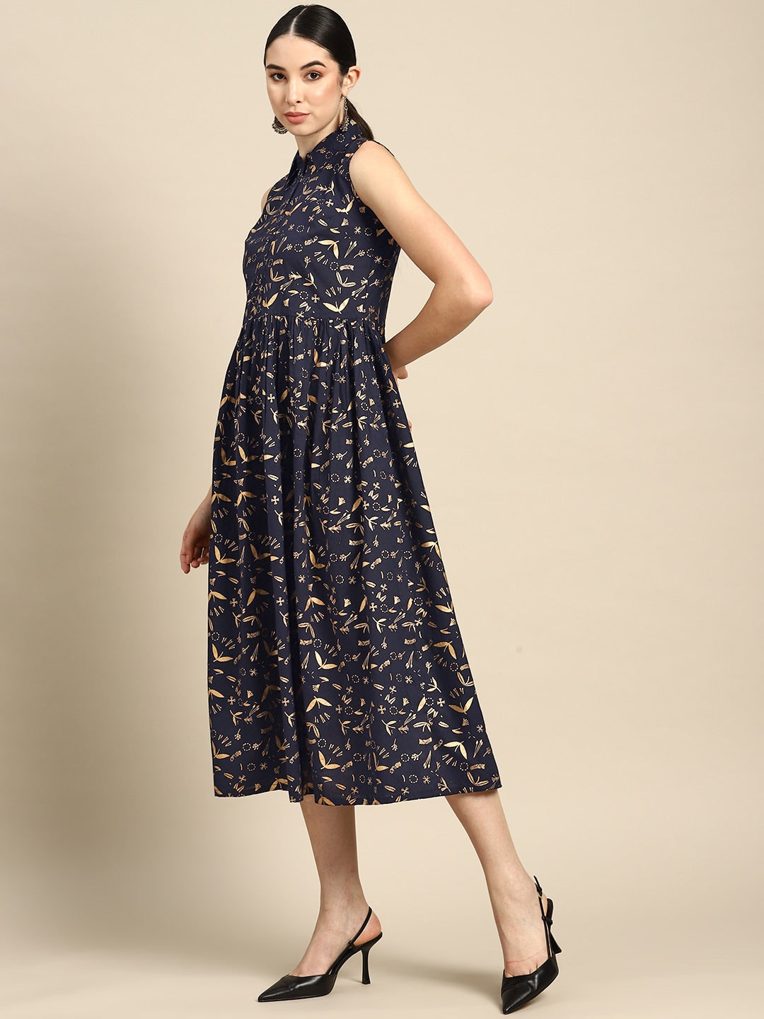 Women Navy Blue Printed Flared Sleeveless Dress | LASVINI - Redefining Indian Fashion with Elegance