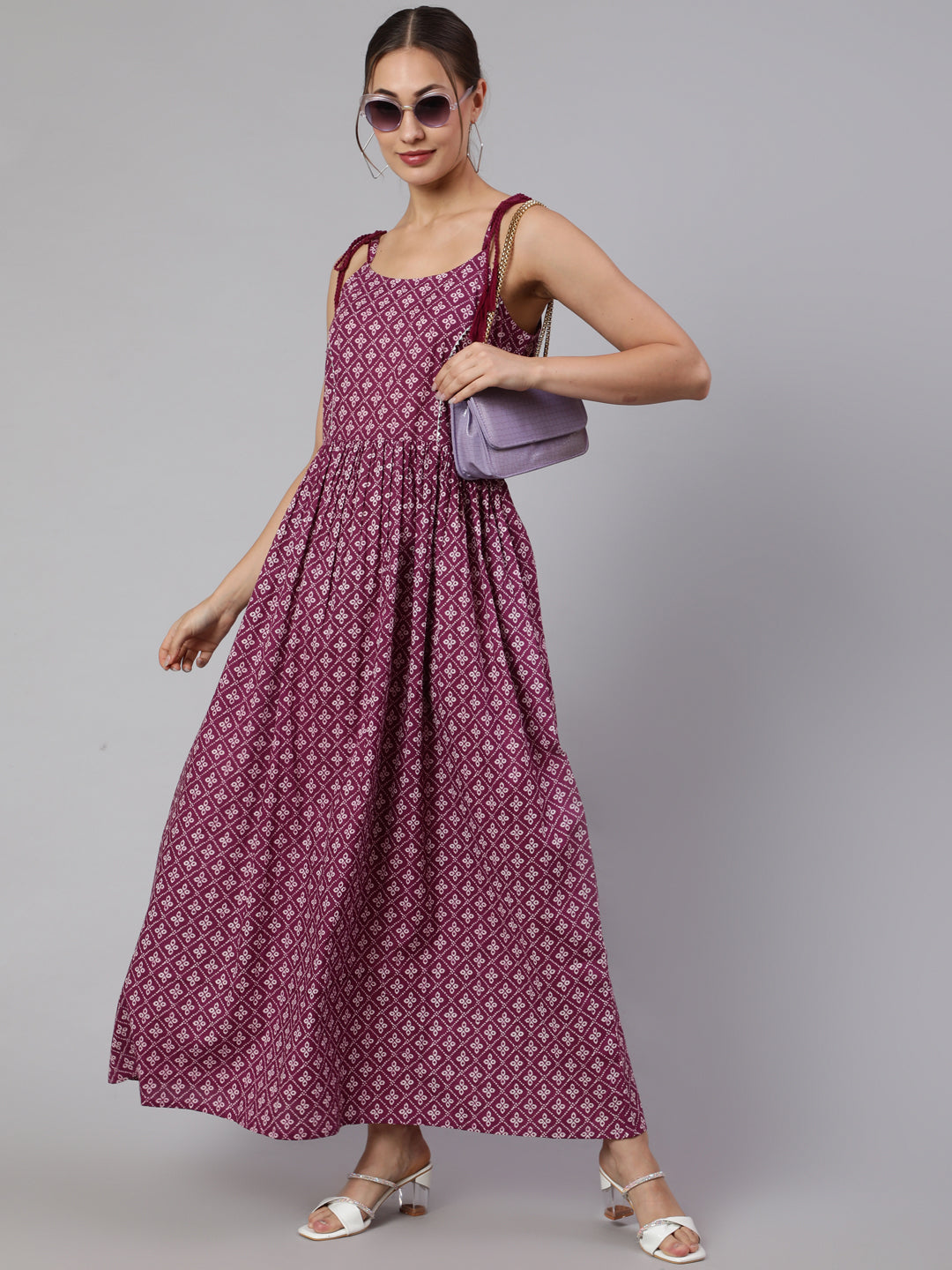 Women Purple Printed Flared Sleeveless Dress | LASVINI - Redefining Indian Fashion with Elegance