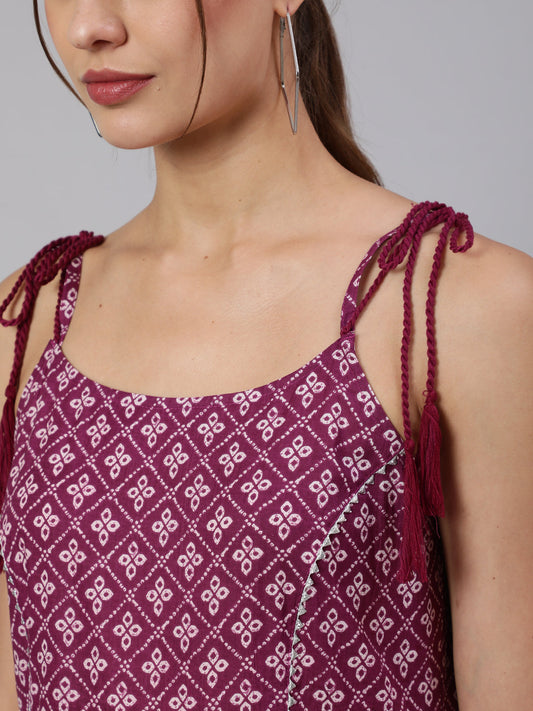 Women Purple Printed Flared Sleeveless Dress | LASVINI - Redefining Indian Fashion with Elegance