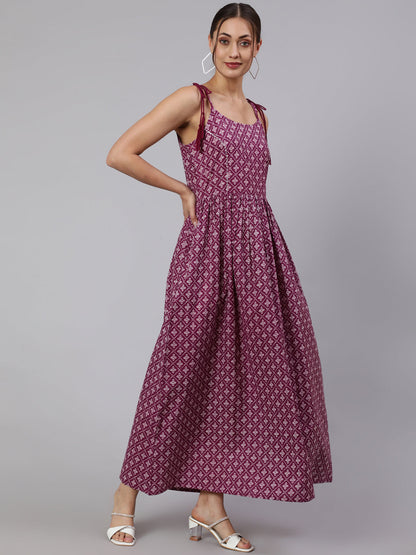 Women Purple Printed Flared Sleeveless Dress | LASVINI - Redefining Indian Fashion with Elegance