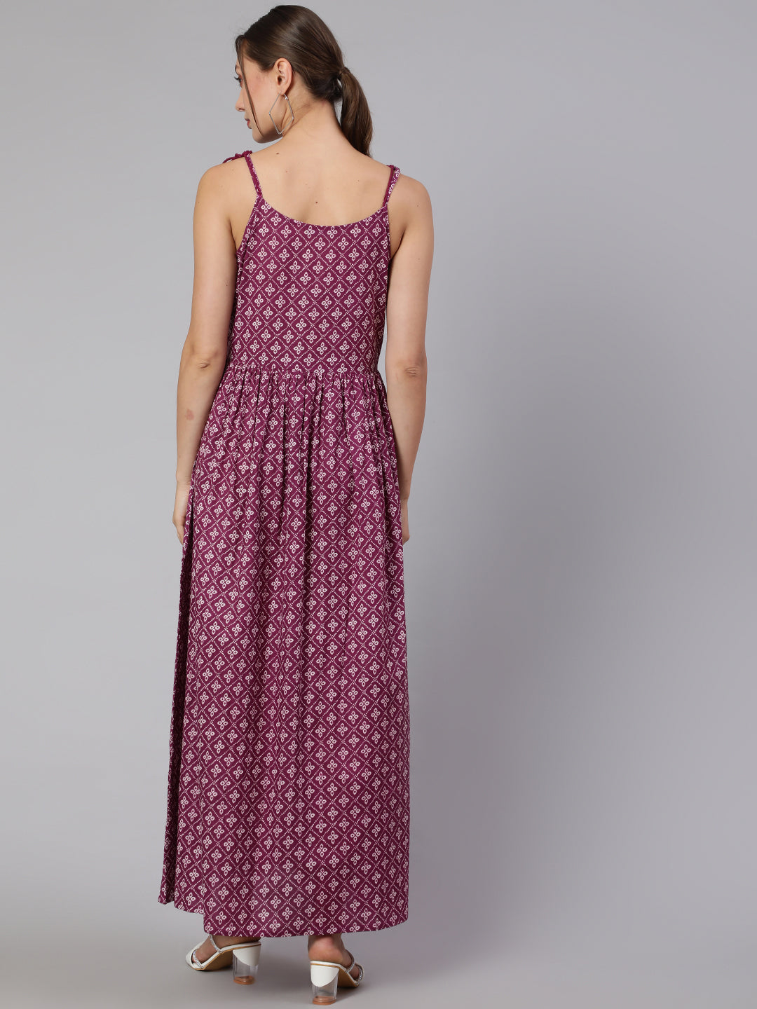 Women Purple Printed Flared Sleeveless Dress | LASVINI - Redefining Indian Fashion with Elegance