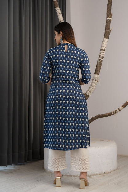 Women Blue Ethnic Printed Straight Kurta With Three Quarter Sleeves | LASVINI - Redefining Indian Fashion with Elegance