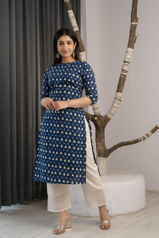 Women Blue Ethnic Printed Straight Kurta With Three Quarter Sleeves | LASVINI - Redefining Indian Fashion with Elegance