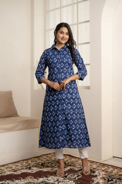Women Blue Geometric Printed Straight Kurta With Three Quarter Sleeves | LASVINI - Redefining Indian Fashion with Elegance