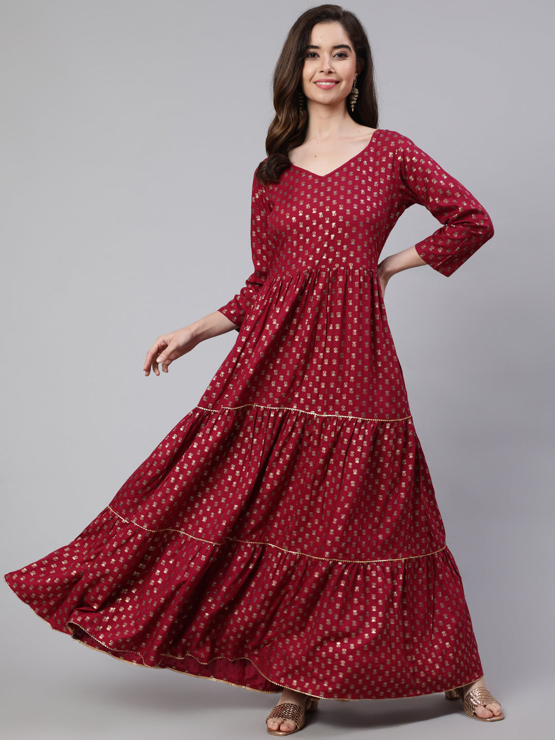 Women Burgundy Printed Flared Dress With Three Quarter Sleeves | LASVINI - Redefining Indian Fashion with Elegance