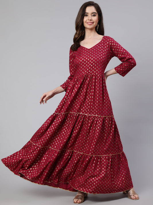 Women Burgundy Printed Flared Dress With Three Quarter Sleeves | LASVINI - Redefining Indian Fashion with Elegance