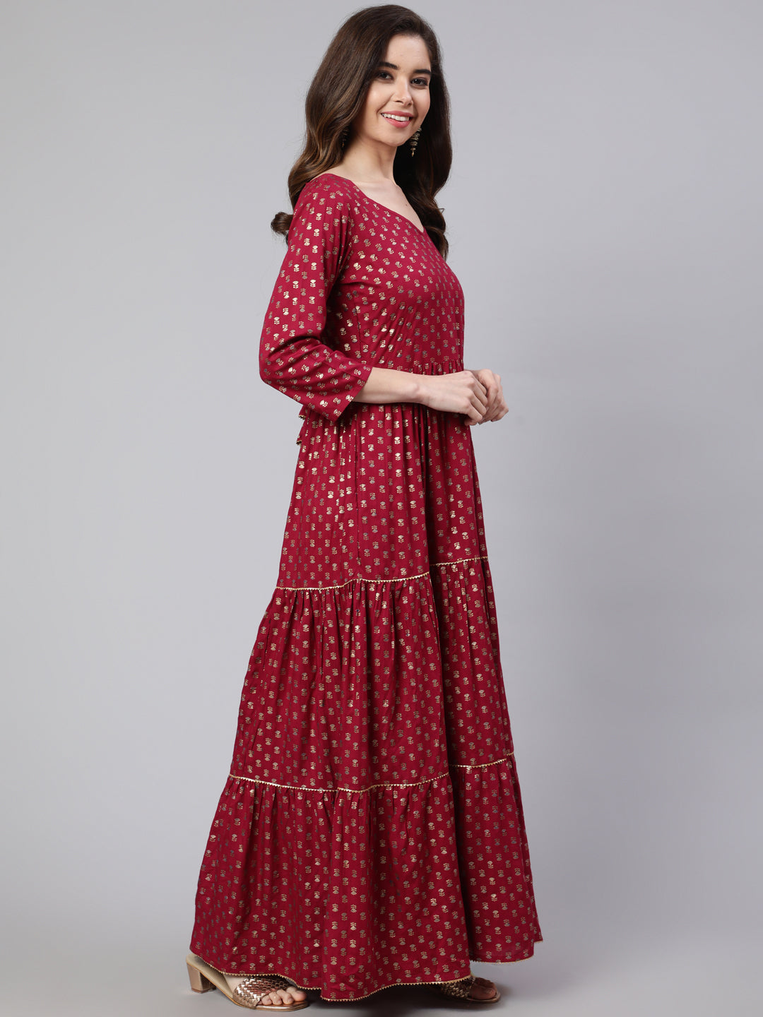 Women Burgundy Printed Flared Dress With Three Quarter Sleeves | LASVINI - Redefining Indian Fashion with Elegance