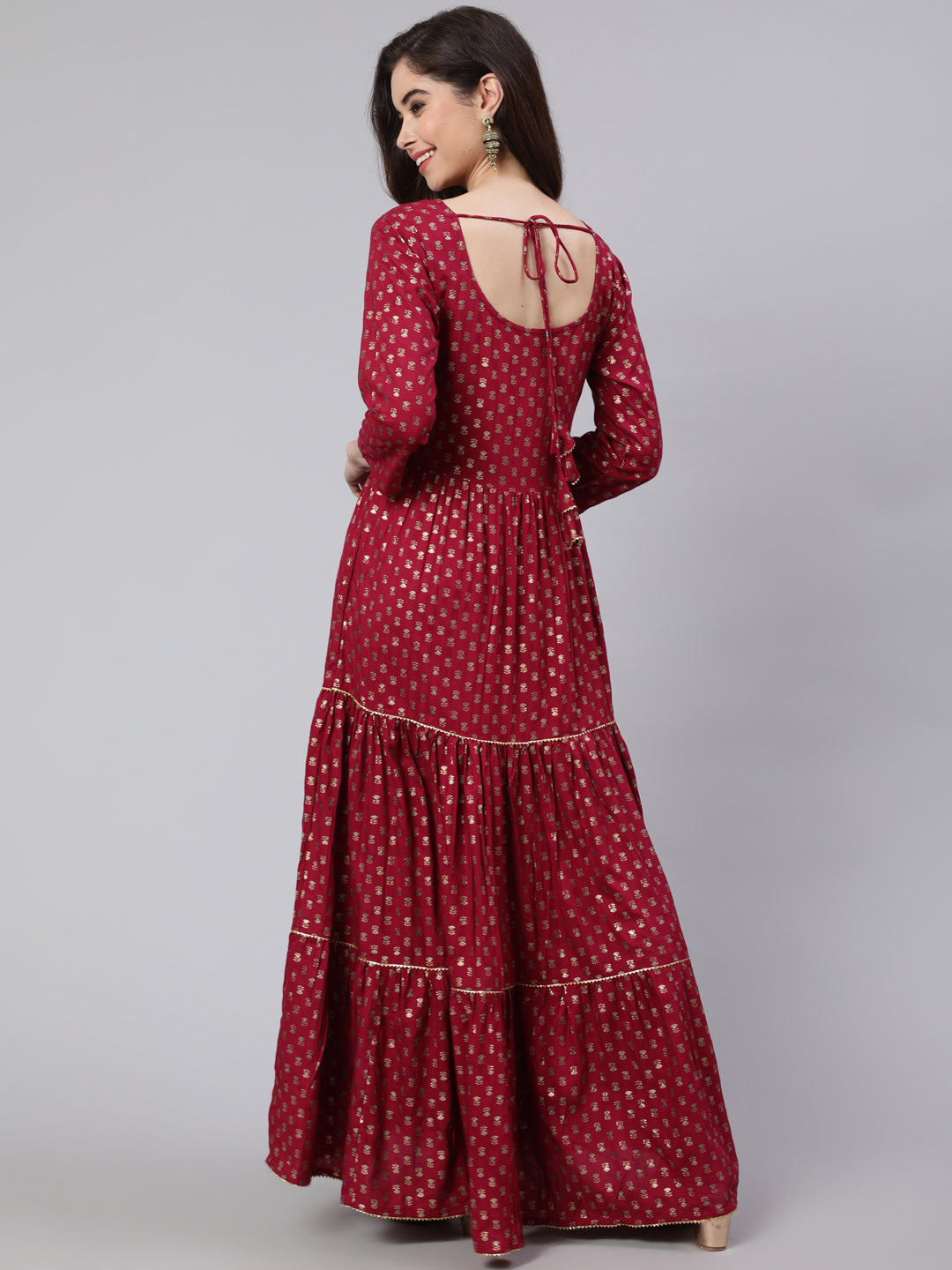 Women Burgundy Printed Flared Dress With Three Quarter Sleeves | LASVINI - Redefining Indian Fashion with Elegance