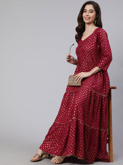 Women Burgundy Printed Flared Dress With Three Quarter Sleeves | LASVINI - Redefining Indian Fashion with Elegance