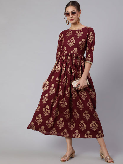Women Burgundy Printed Flared Dress With Three Quarter Sleeves | LASVINI - Redefining Indian Fashion with Elegance