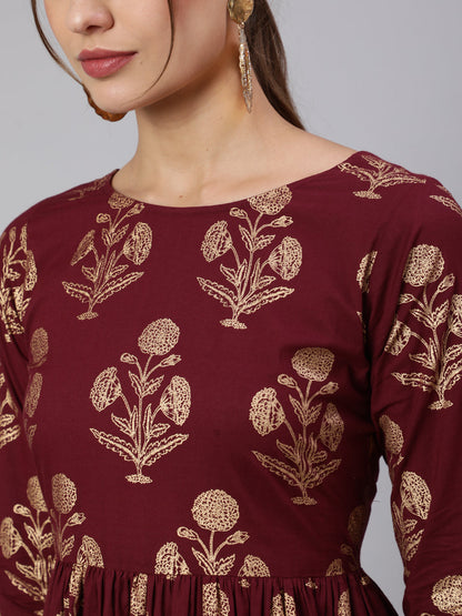 Women Burgundy Printed Flared Dress With Three Quarter Sleeves | LASVINI - Redefining Indian Fashion with Elegance