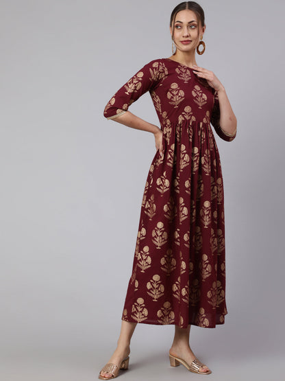 Women Burgundy Printed Flared Dress With Three Quarter Sleeves | LASVINI - Redefining Indian Fashion with Elegance