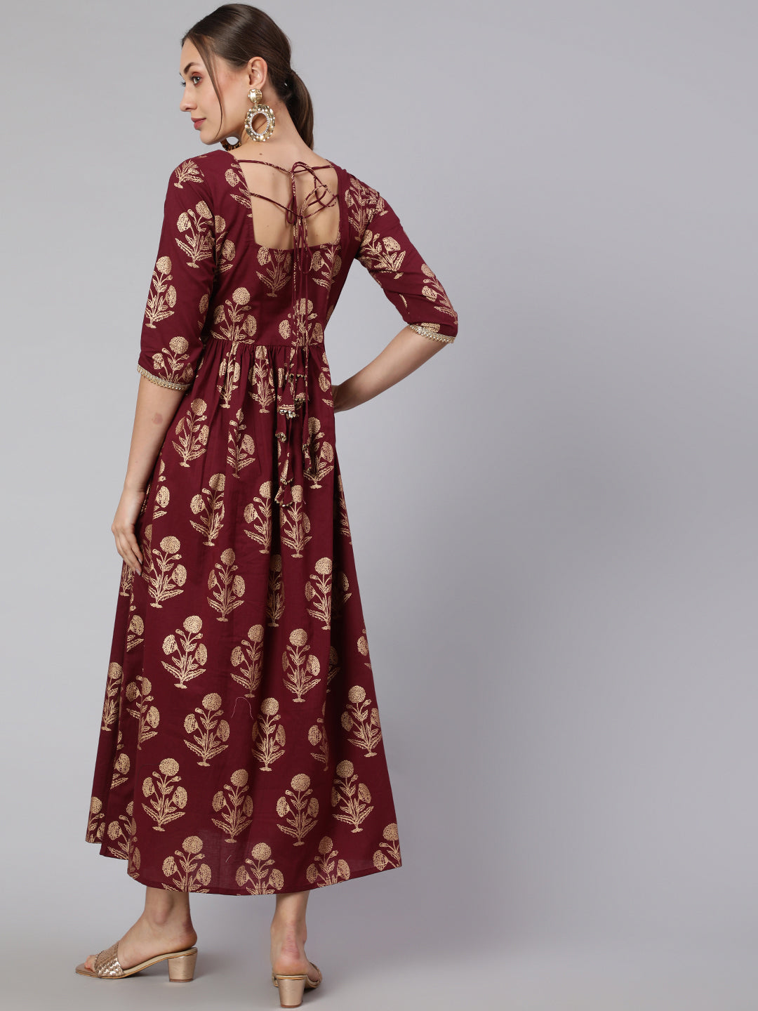 Women Burgundy Printed Flared Dress With Three Quarter Sleeves | LASVINI - Redefining Indian Fashion with Elegance