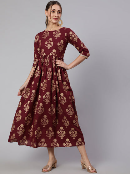 Women Burgundy Printed Flared Dress With Three Quarter Sleeves | LASVINI - Redefining Indian Fashion with Elegance