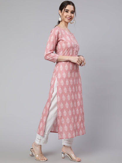 Women Pink Printed Straight Kurta With Three Quarter Sleeves | LASVINI - Redefining Indian Fashion with Elegance