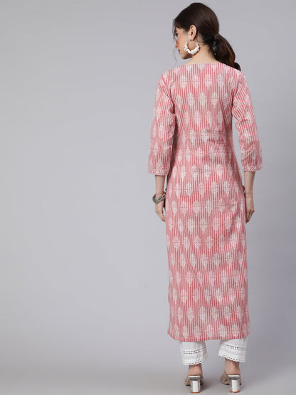 Women Pink Printed Straight Kurta With Three Quarter Sleeves | LASVINI - Redefining Indian Fashion with Elegance