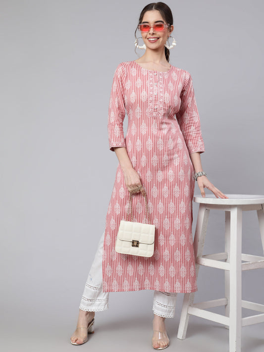 Women Pink Printed Straight Kurta With Three Quarter Sleeves | LASVINI - Redefining Indian Fashion with Elegance