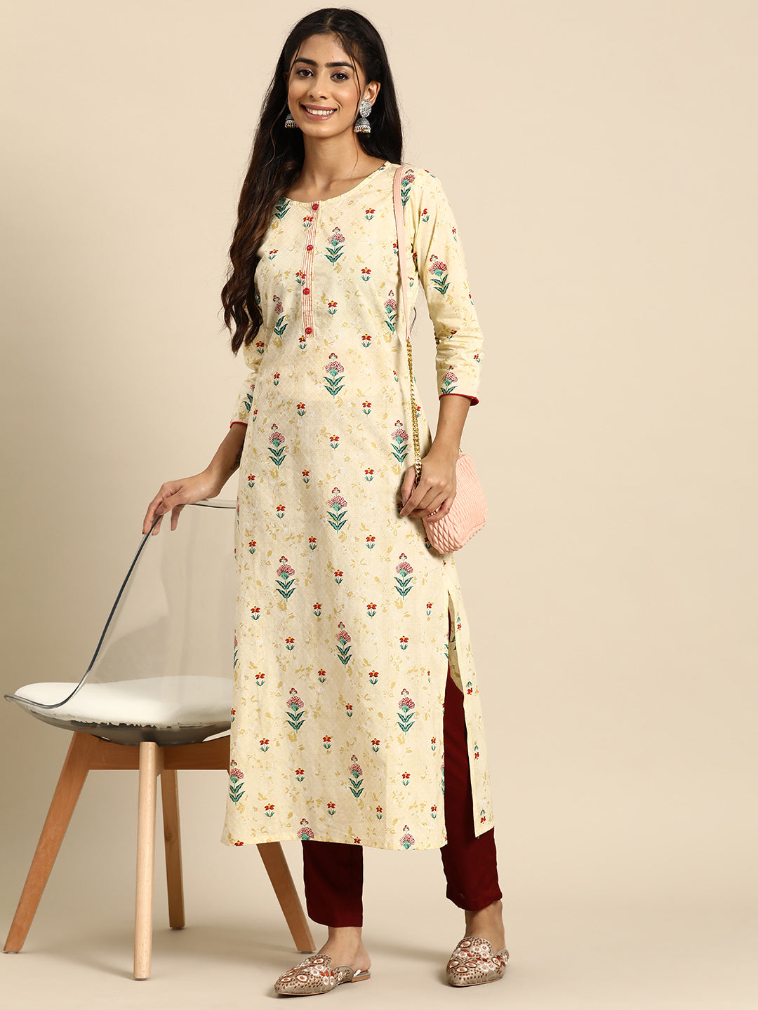 Women Yellow Printed Straight Kurta With Three Quarter Sleeves | LASVINI - Redefining Indian Fashion with Elegance