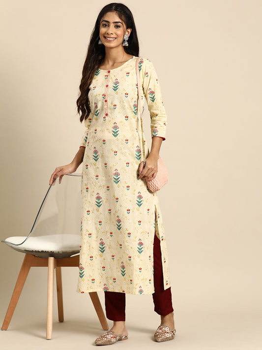 Women Yellow Printed Straight Kurta With Three Quarter Sleeves | LASVINI - Redefining Indian Fashion with Elegance