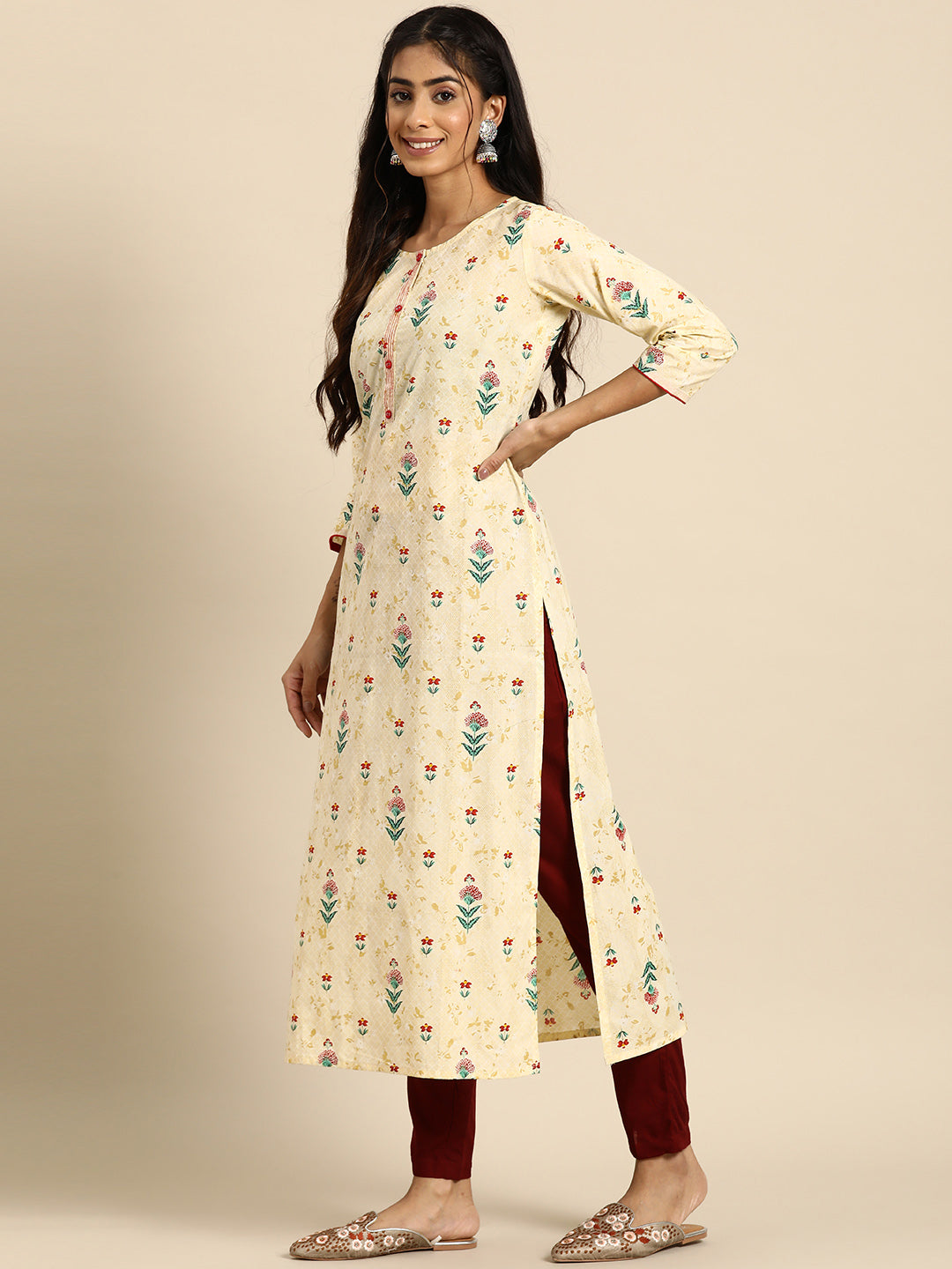 Women Yellow Printed Straight Kurta With Three Quarter Sleeves | LASVINI - Redefining Indian Fashion with Elegance