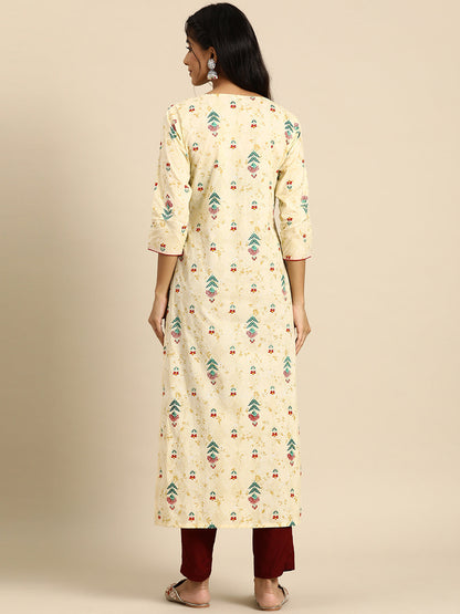 Women Yellow Printed Straight Kurta With Three Quarter Sleeves | LASVINI - Redefining Indian Fashion with Elegance
