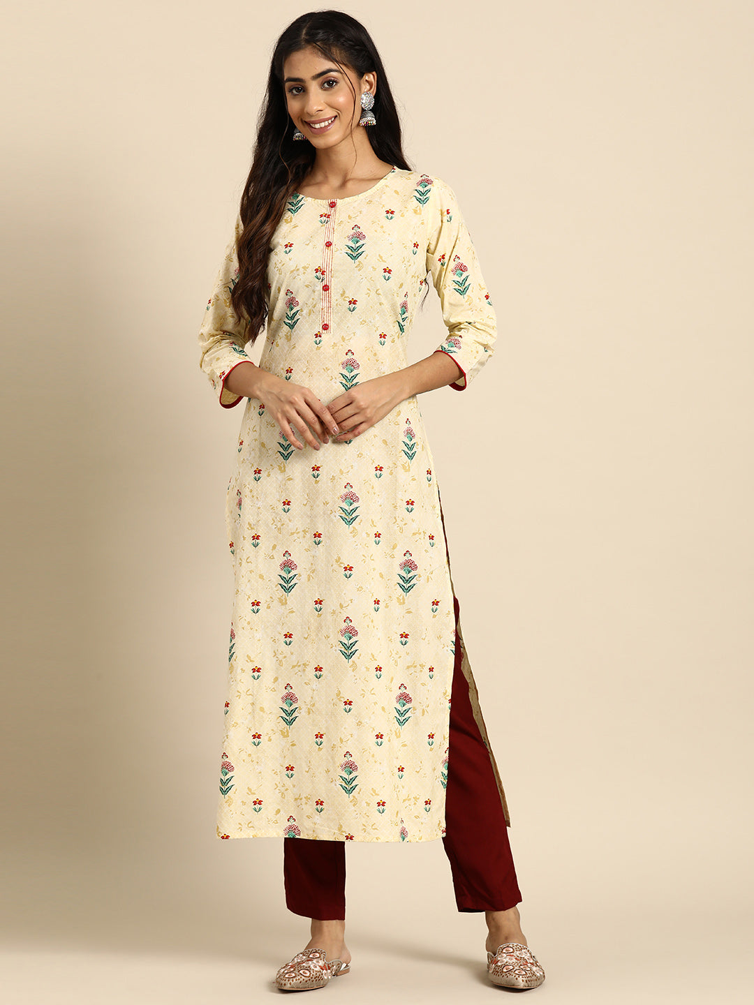 Women Yellow Printed Straight Kurta With Three Quarter Sleeves | LASVINI - Redefining Indian Fashion with Elegance