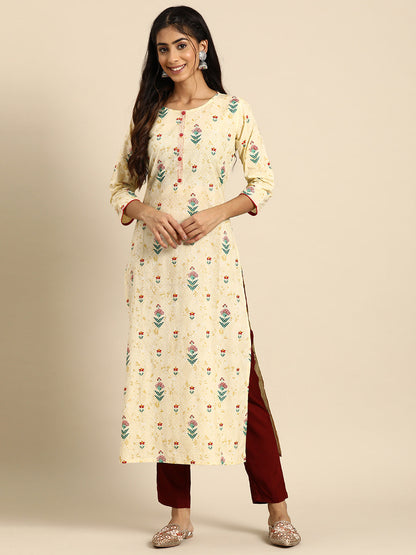 Women Yellow Printed Straight Kurta With Three Quarter Sleeves | LASVINI - Redefining Indian Fashion with Elegance