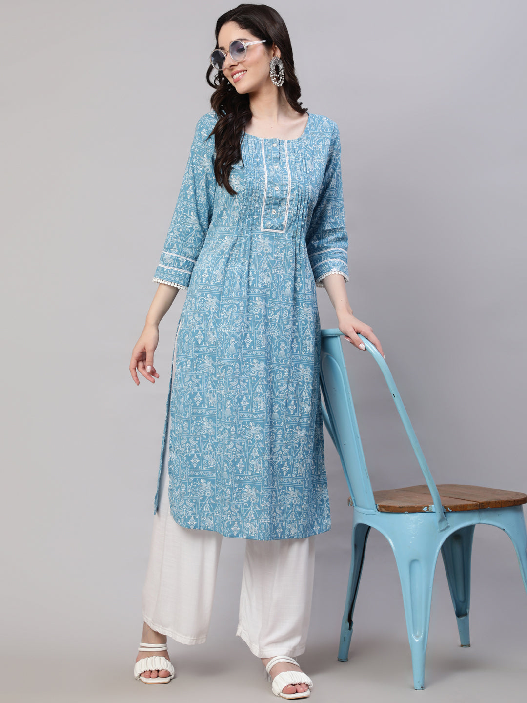 Women Blue Ethnic Printed Straight Kurta With Three Quarter Sleeves | LASVINI - Redefining Indian Fashion with Elegance