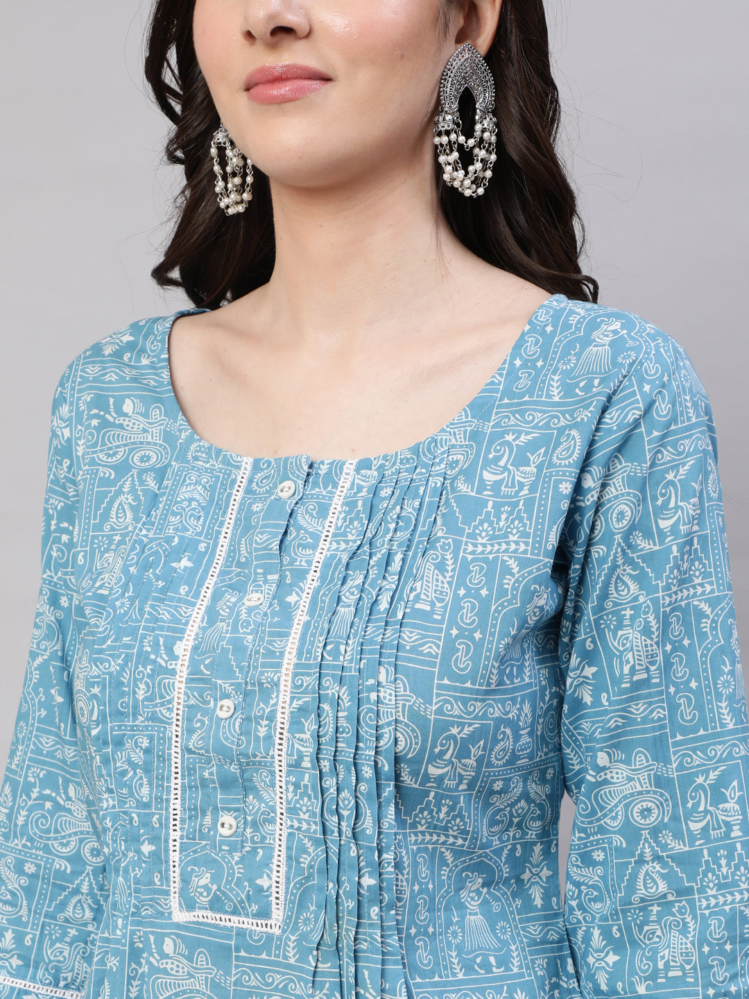 Women Blue Ethnic Printed Straight Kurta With Three Quarter Sleeves | LASVINI - Redefining Indian Fashion with Elegance