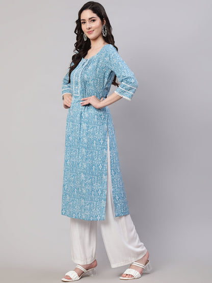 Women Blue Ethnic Printed Straight Kurta With Three Quarter Sleeves | LASVINI - Redefining Indian Fashion with Elegance