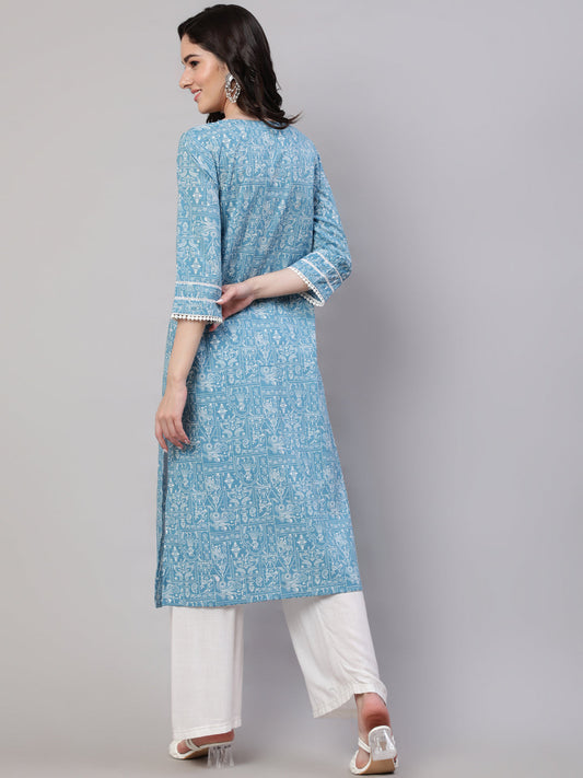 Women Blue Ethnic Printed Straight Kurta With Three Quarter Sleeves | LASVINI - Redefining Indian Fashion with Elegance