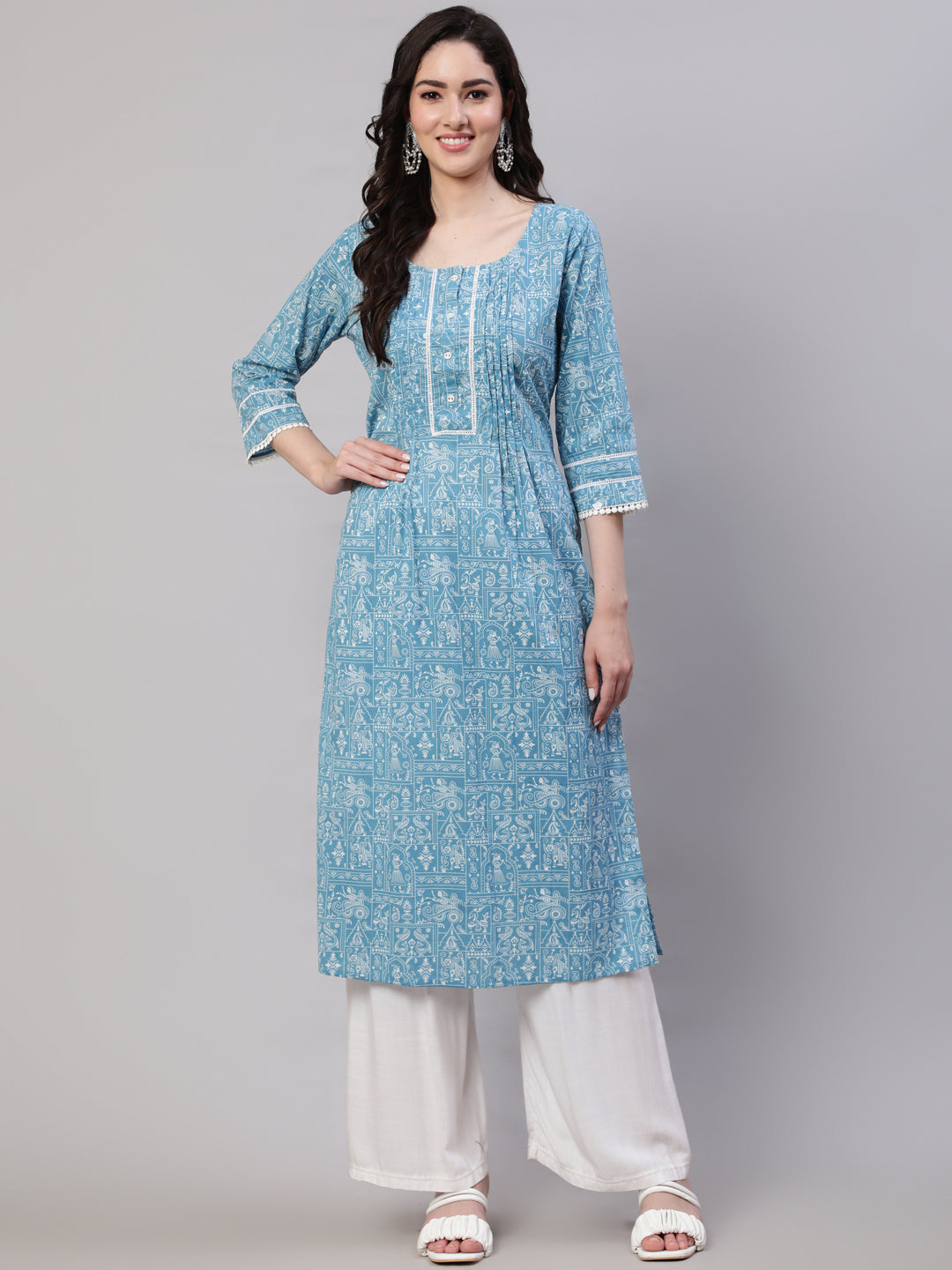 Women Blue Ethnic Printed Straight Kurta With Three Quarter Sleeves | LASVINI - Redefining Indian Fashion with Elegance
