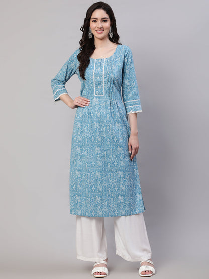 Women Blue Ethnic Printed Straight Kurta With Three Quarter Sleeves | LASVINI - Redefining Indian Fashion with Elegance