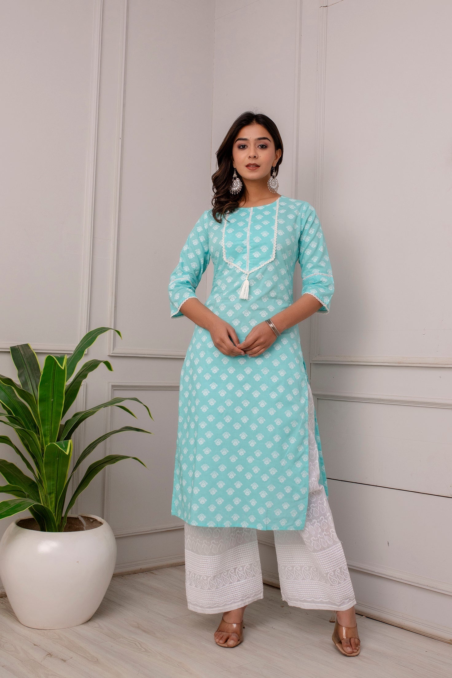 Women Blue Ethnic Printed Straight Kurta With Three Quarter Sleeves | LASVINI - Redefining Indian Fashion with Elegance