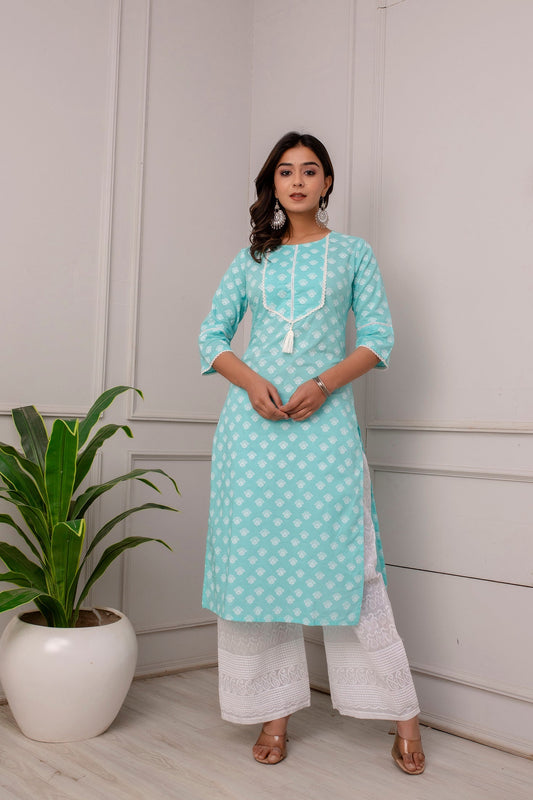 Women Blue Ethnic Printed Straight Kurta With Three Quarter Sleeves | LASVINI - Redefining Indian Fashion with Elegance
