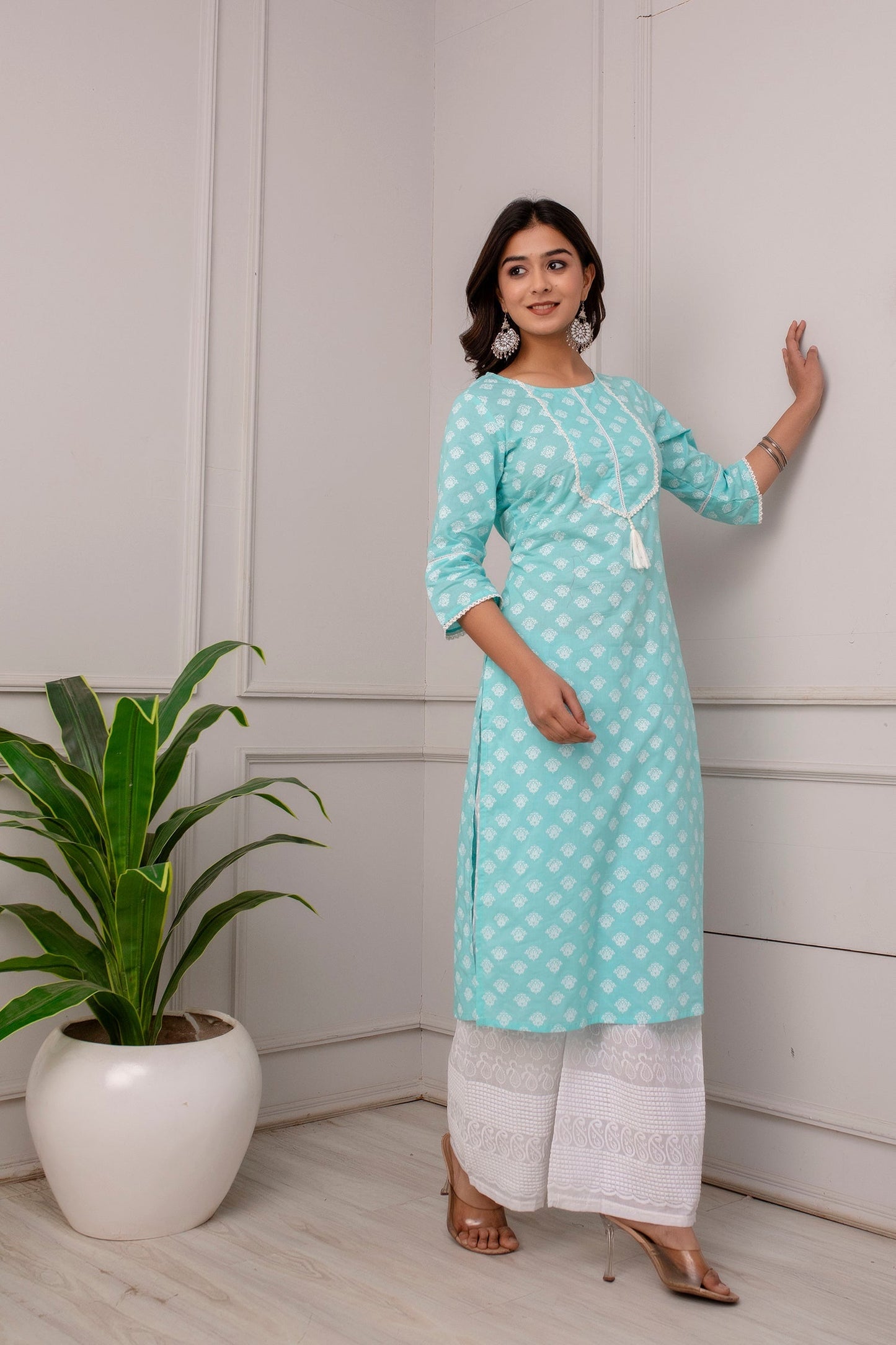 Women Blue Ethnic Printed Straight Kurta With Three Quarter Sleeves | LASVINI - Redefining Indian Fashion with Elegance