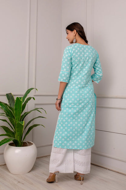 Women Blue Ethnic Printed Straight Kurta With Three Quarter Sleeves | LASVINI - Redefining Indian Fashion with Elegance