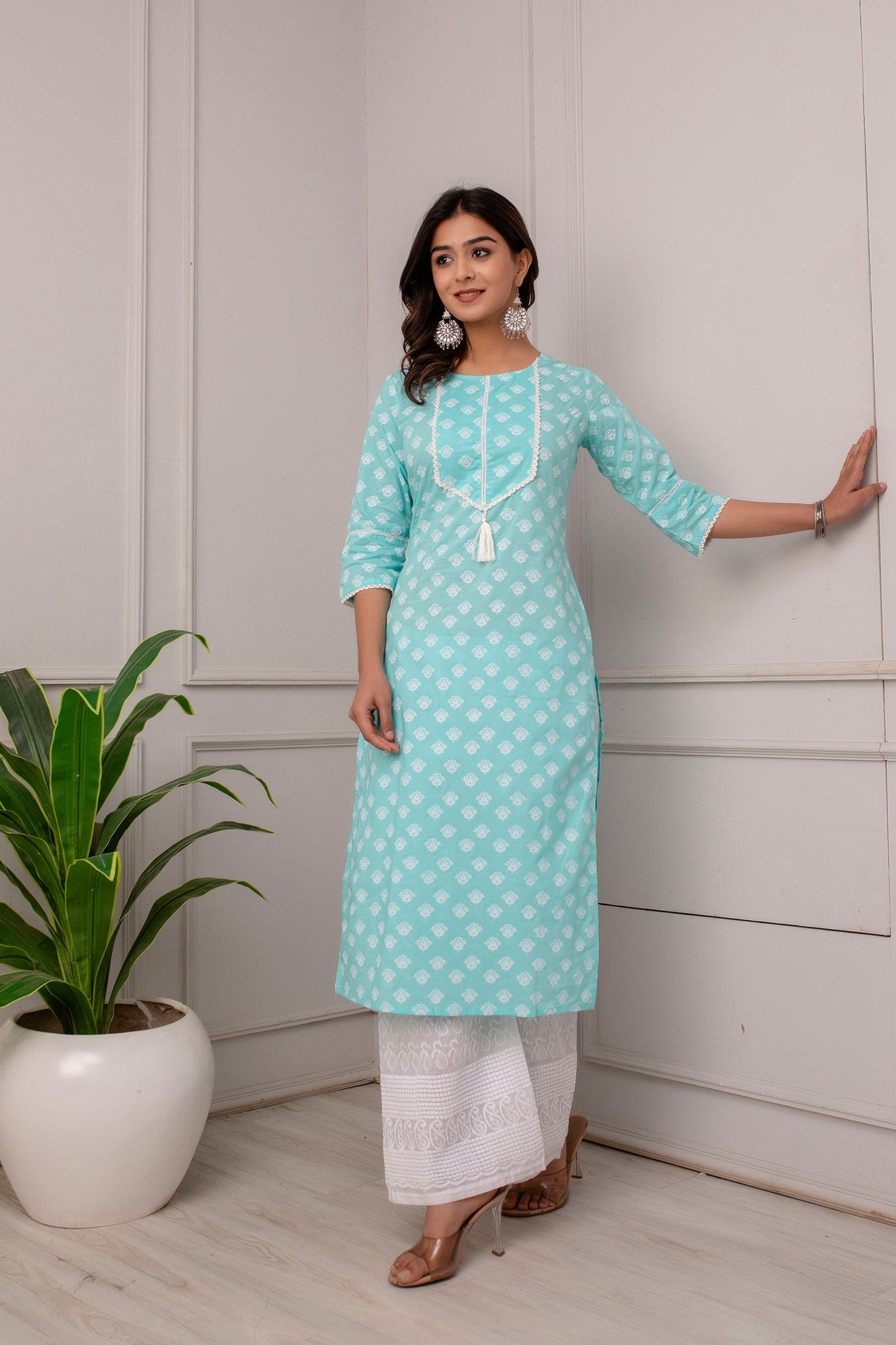 Women Blue Ethnic Printed Straight Kurta With Three Quarter Sleeves | LASVINI - Redefining Indian Fashion with Elegance