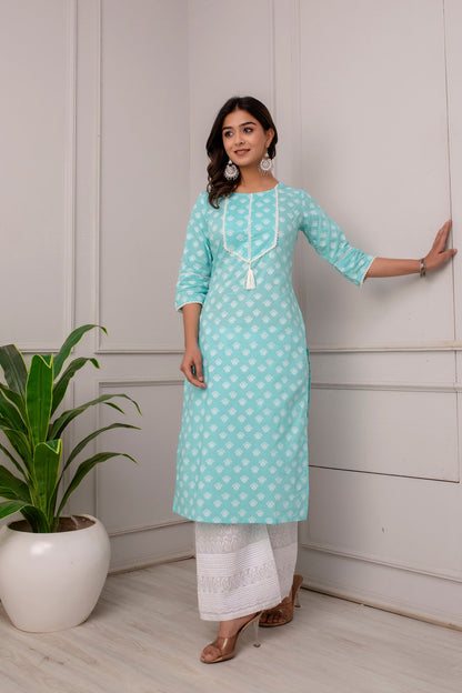 Women Blue Ethnic Printed Straight Kurta With Three Quarter Sleeves | LASVINI - Redefining Indian Fashion with Elegance