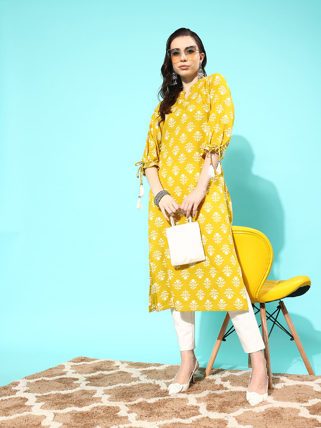 Women Yellow Straight Kurta With Three Quarter Sleeves | LASVINI - Redefining Indian Fashion with Elegance