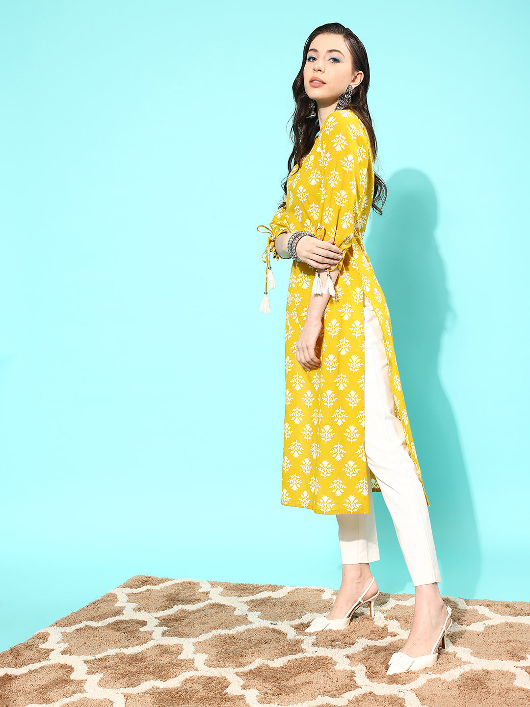 Women Yellow Straight Kurta With Three Quarter Sleeves | LASVINI - Redefining Indian Fashion with Elegance